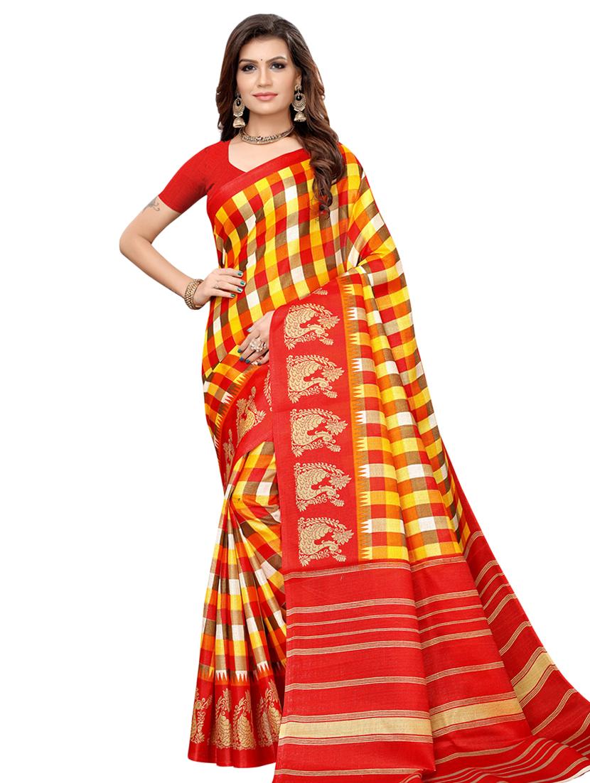 checkered printed saree with blouse - 16633372 - Zoom Image - 1