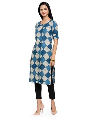 geometric indigo printed straight kurta - 16634117 - Standard Image - 2