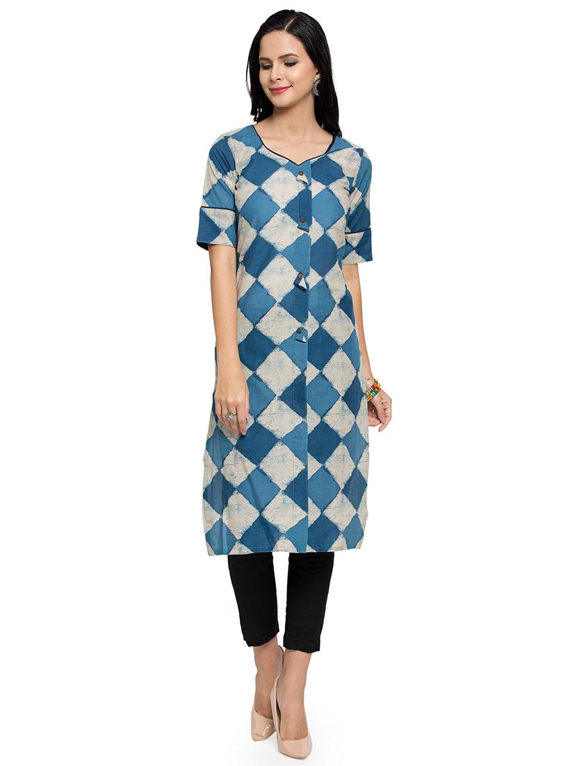 geometric indigo printed straight kurta - 16634117 - Zoom Image - 1