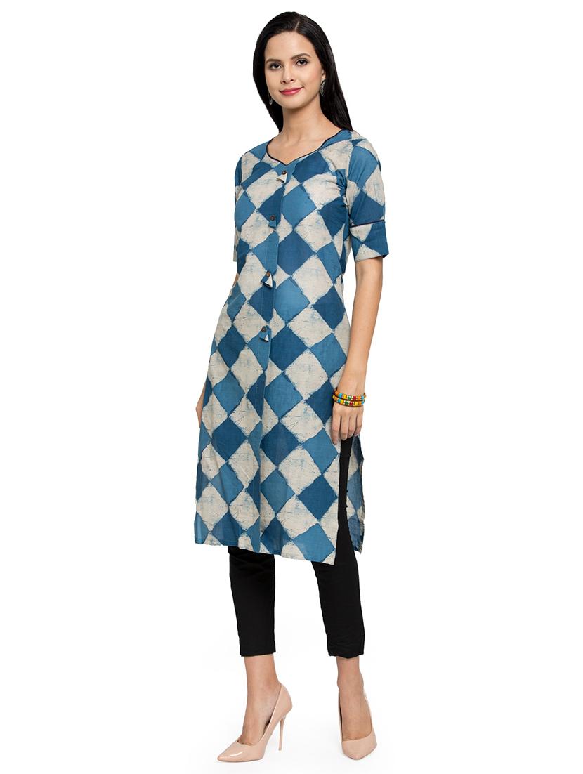 geometric indigo printed straight kurta - 16634117 - Zoom Image - 2
