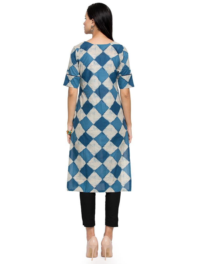 geometric indigo printed straight kurta - 16634117 - Zoom Image - 3