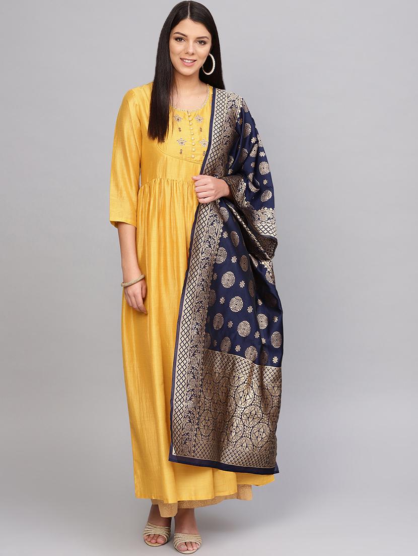 embroidered silk fit & flare kurta with zari work dupatta set - 16634283 - Zoom Image - 1