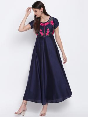 embroidered silk fit & flare ethnic dress - 16637166 - Standard Image - 2