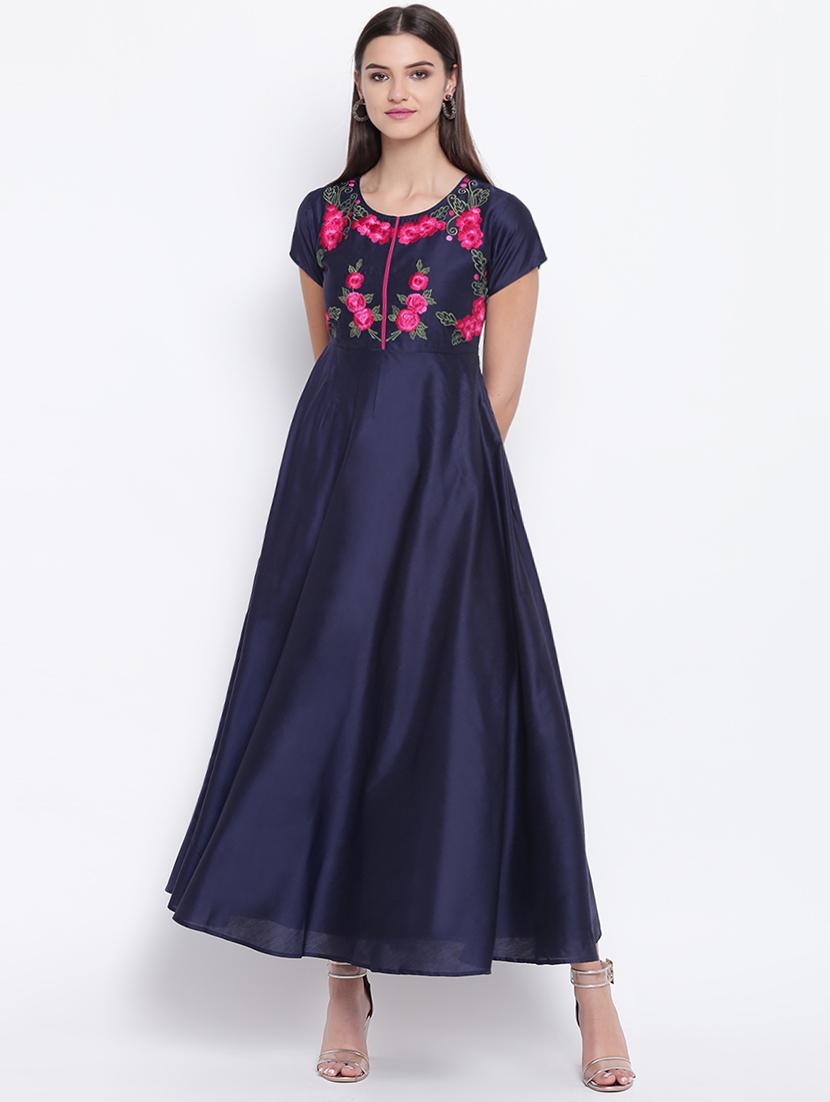 embroidered silk fit & flare ethnic dress - 16637166 - Zoom Image - 1