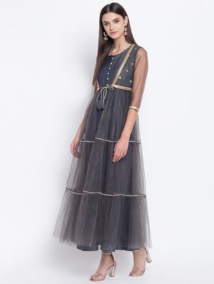 lace detailed silk fit & flare ethnic dress - 16637170 - Standard Image - 2