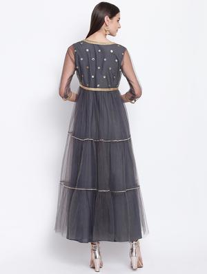 lace detailed silk fit & flare ethnic dress - 16637170 - Standard Image - 3