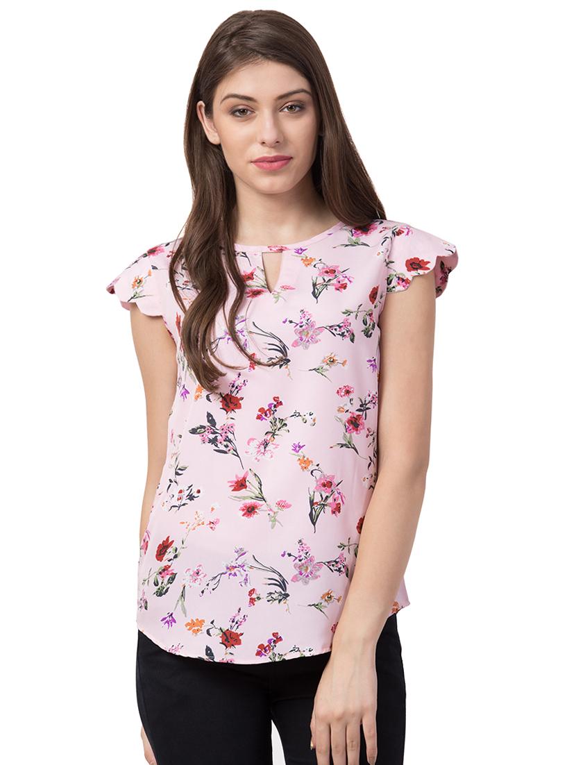 keyhole neck cap sleeved floral top - 16637221 - Zoom Image - 1