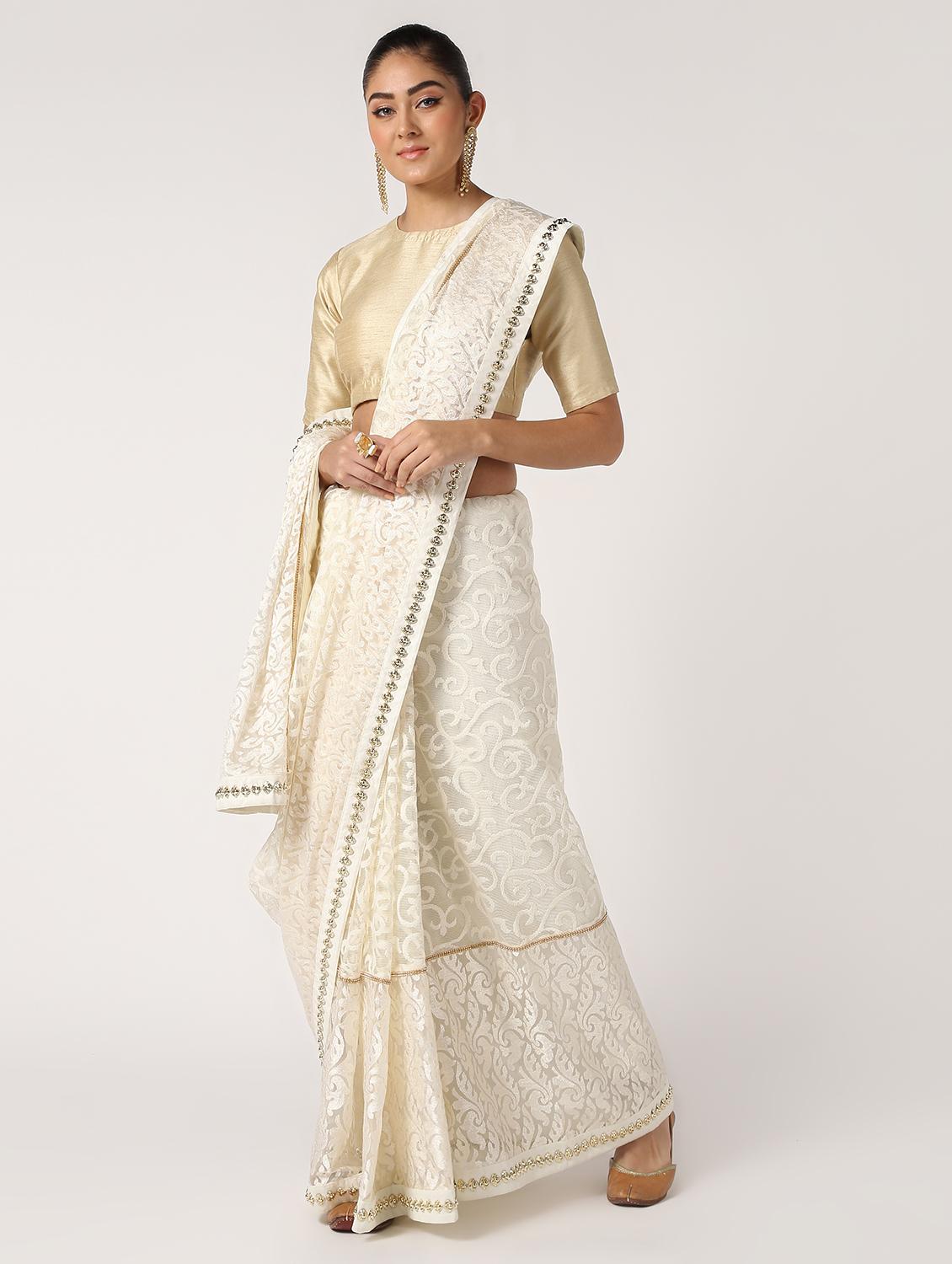 self-design lace detailed saree with blouse - 16637616 - Zoom Image - 1