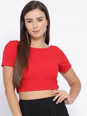 round neck solid crop top - 16637897 - Standard Image - 2