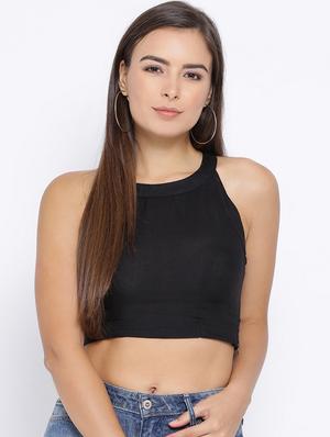halter neck solid crop top - 16637902 - Standard Image - 2