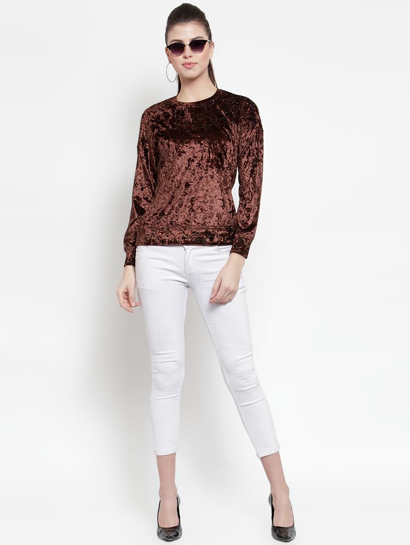 crew neck embellished velvet top - 16638105 - Zoom Image - 1