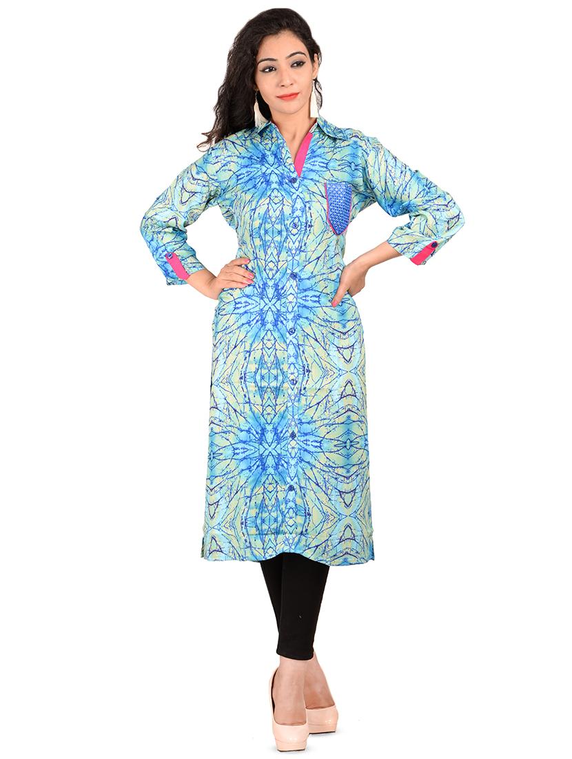turquoise printed straight kurta - 16638711 - Zoom Image - 1