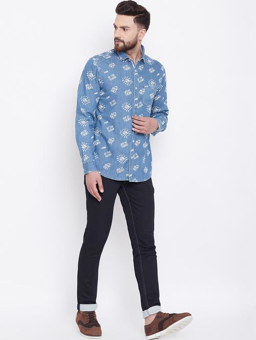 blue denim printed casual shirt - 16640411 - Standard Image - 1
