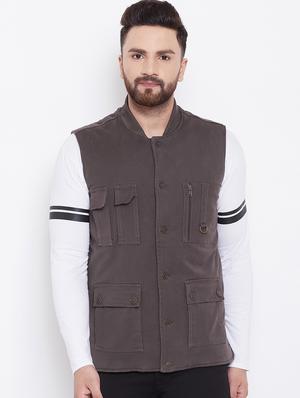 brown solid casual jacket - 16640452 - Standard Image - 2