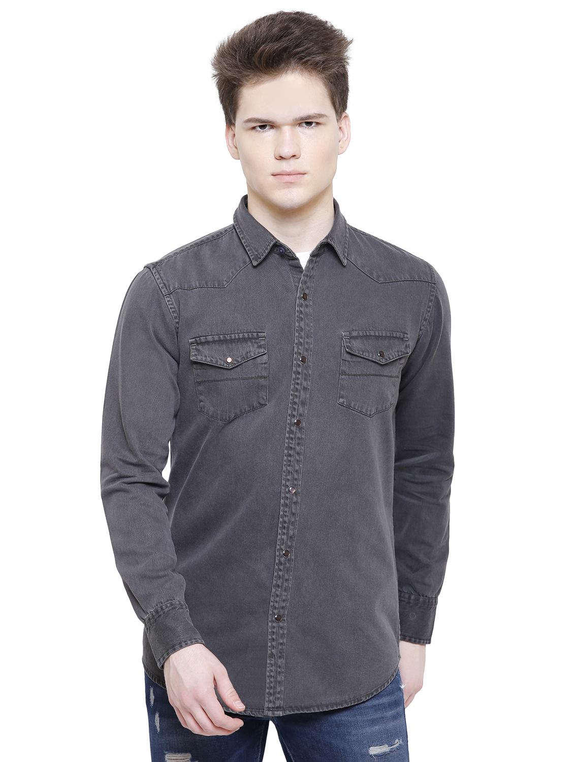 grey solid denim casual shirt - 16641389 - Zoom Image - 1