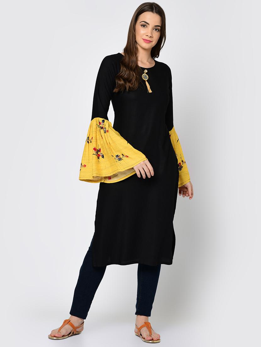 bell sleeve solid contrast kurta - 16641593 - Zoom Image - 1