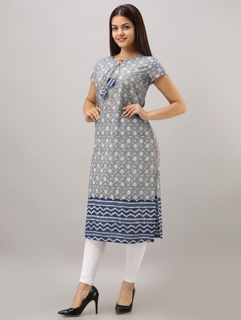 indigo printed straight kurta - 16642303 - Zoom Image - 2