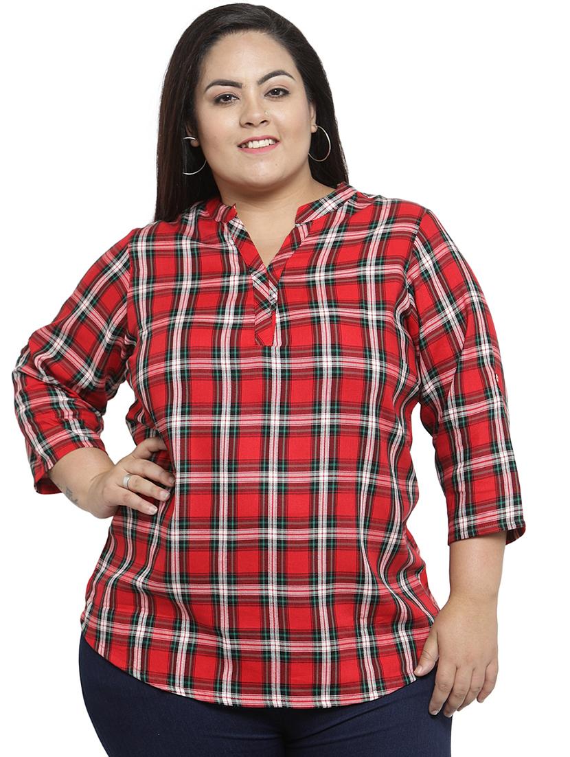 mandarin neck checkered plus top - 16642836 - Zoom Image - 1