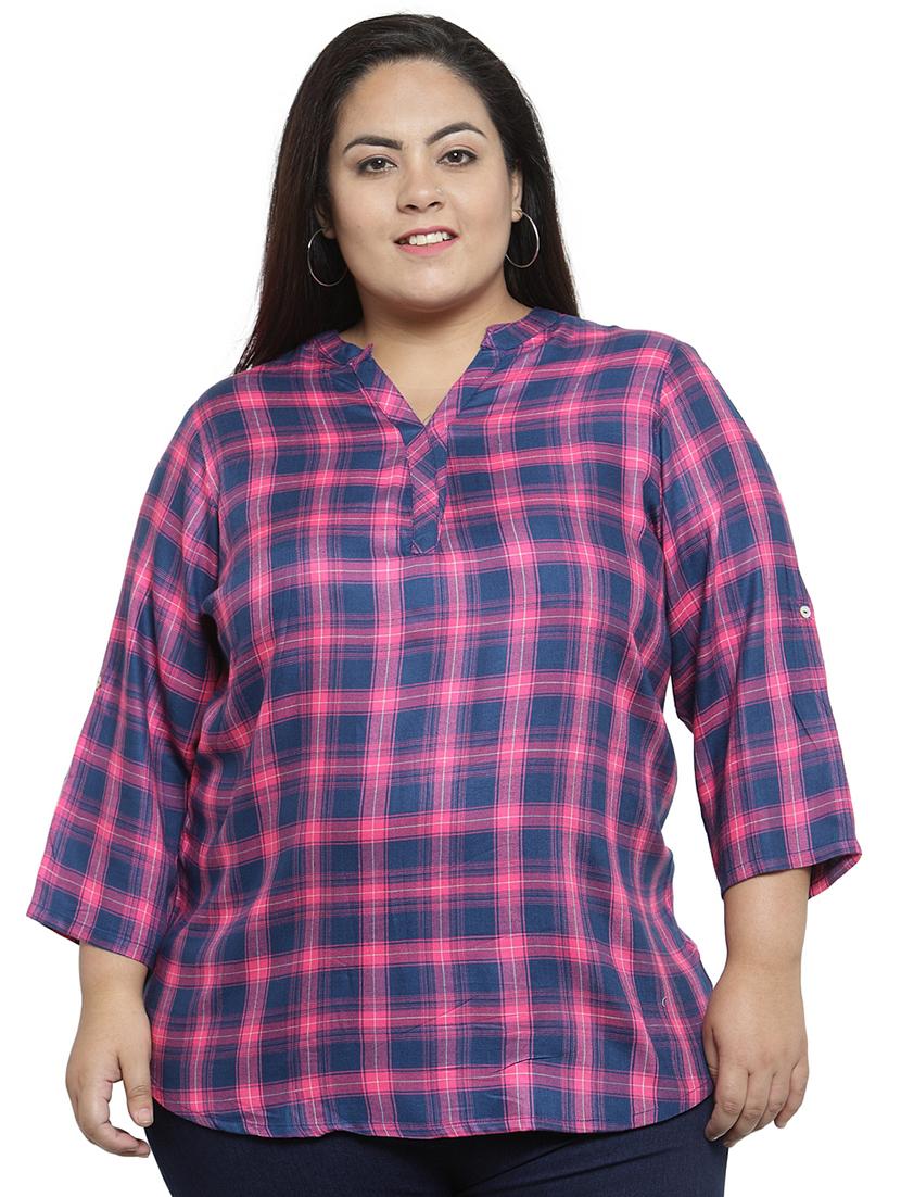 mandarin neck checkered plus top - 16642838 - Zoom Image - 1