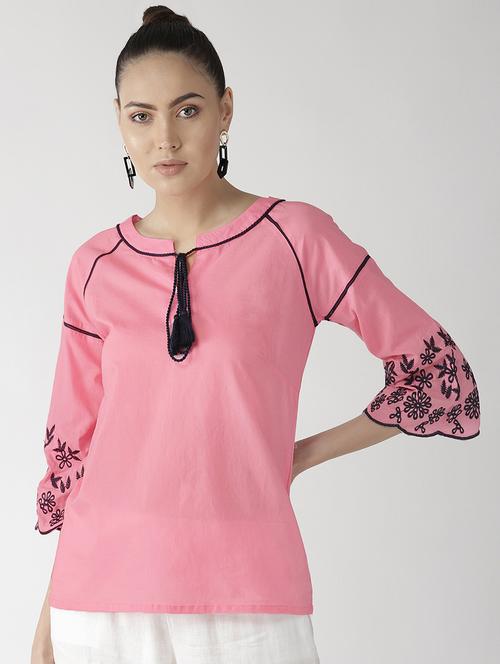 tassel tie up contrast embroidered top - 16642861 - Standard Image - 1