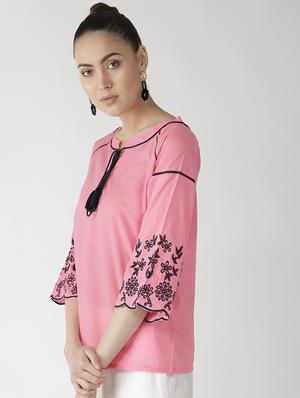 tassel tie up contrast embroidered top - 16642861 - Standard Image - 2