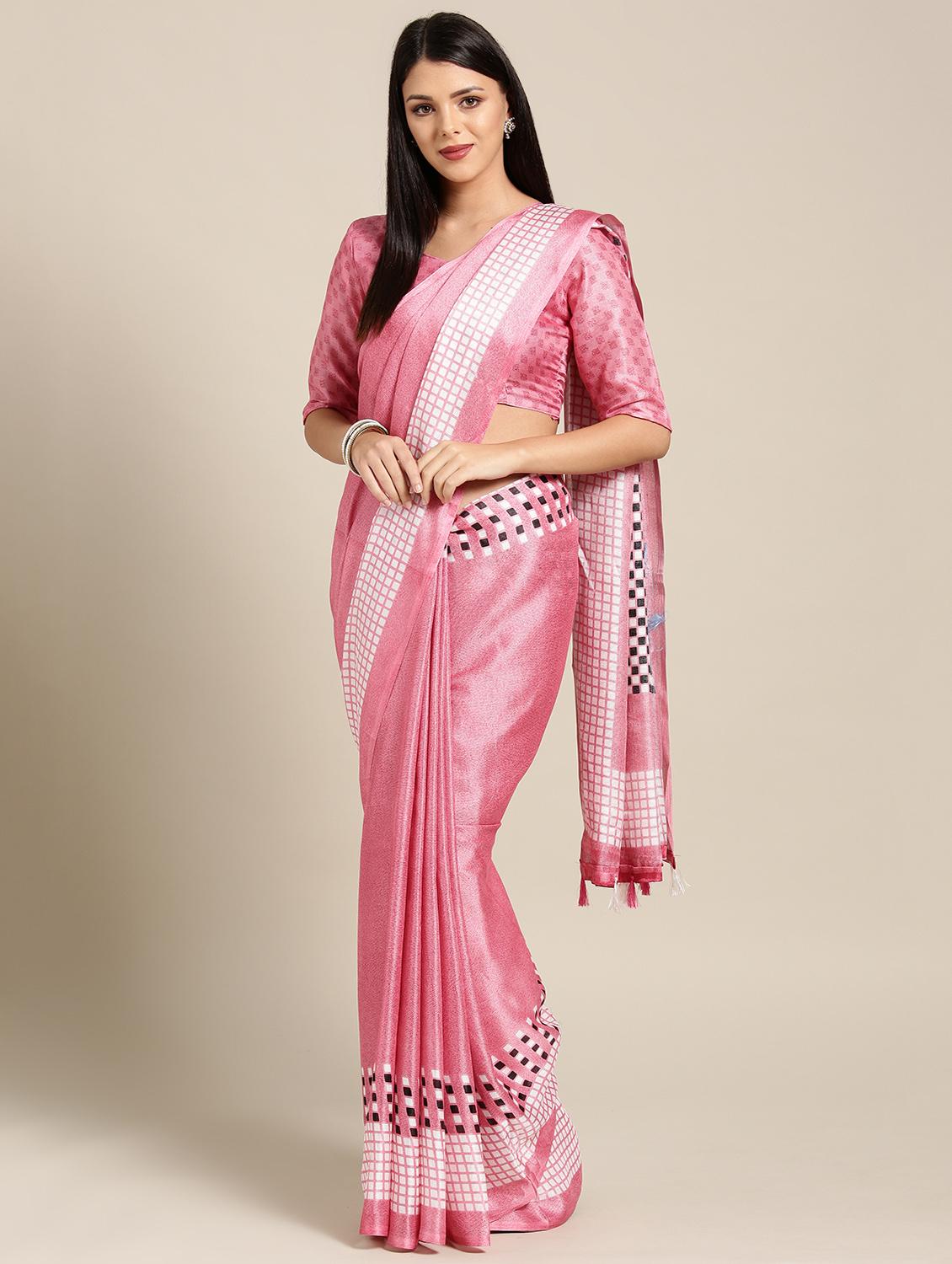 solid checkered printed saree with blouse - 16643858 - Zoom Image - 1