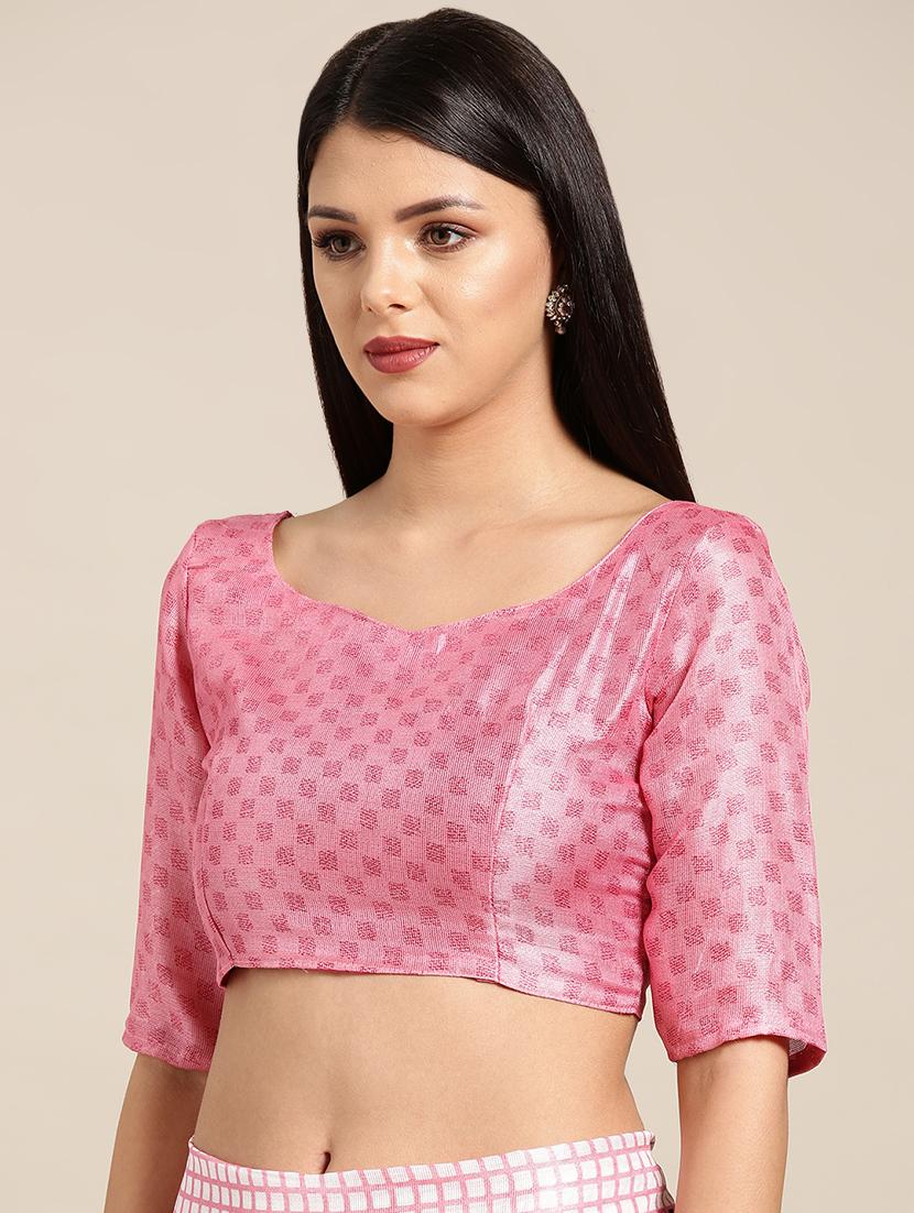 solid checkered printed saree with blouse - 16643858 - Zoom Image - 3