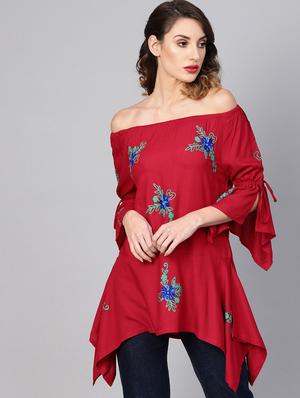 off shoulder embroidered asymmetric top - 16645018 - Standard Image - 2