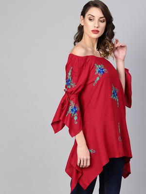 off shoulder embroidered asymmetric top - 16645018 - Standard Image - 3
