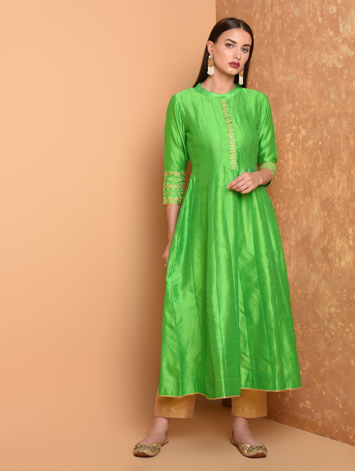 embroidered solid kurta with pant set - 16645790 - Zoom Image - 1