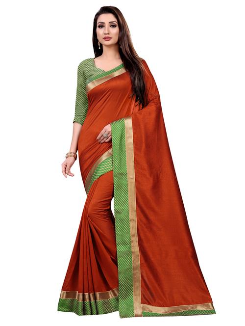 solid contrast bordered saree with blouse - 16646451 - Very Small Image - 1