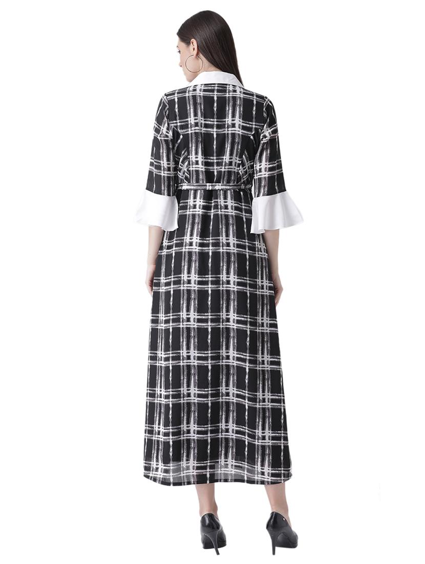 contrast lapel neck a-line dress - 16649447 - Zoom Image - 3