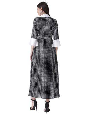 contrast lapel neck a-line dress - 16649448 - Standard Image - 3