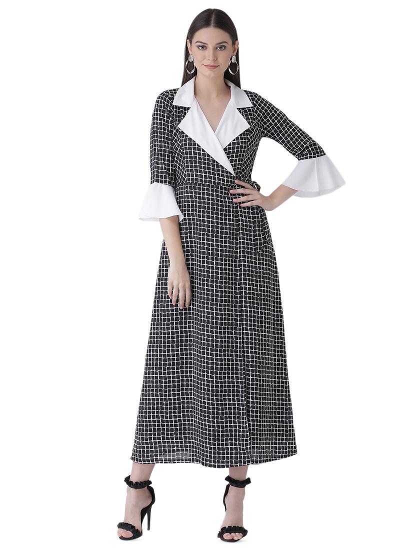 contrast lapel neck a-line dress - 16649448 - Zoom Image - 1