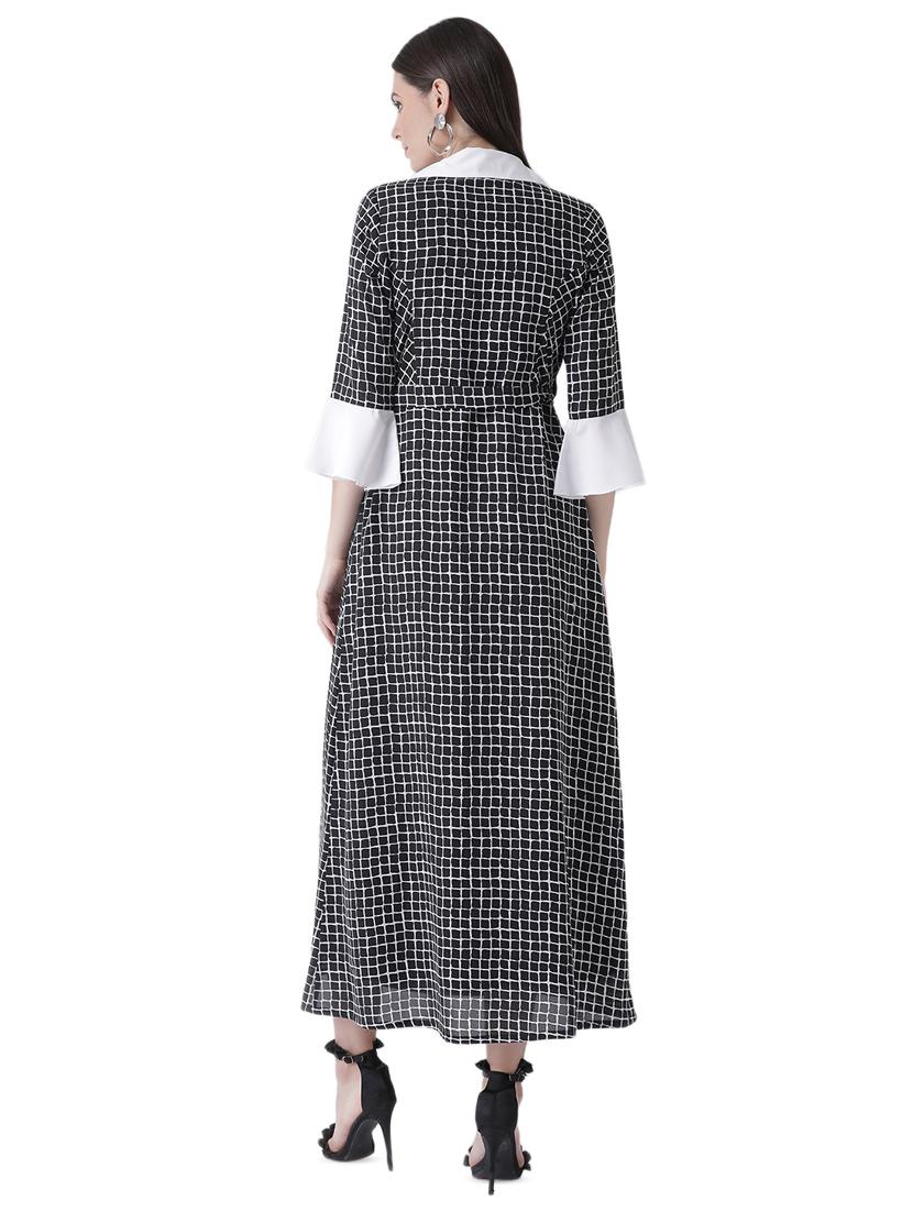 contrast lapel neck a-line dress - 16649448 - Zoom Image - 3