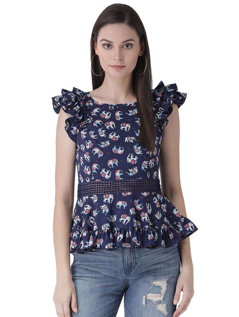 frill trim lace inserted peplum top - 16649456 - Zoom Image - 2