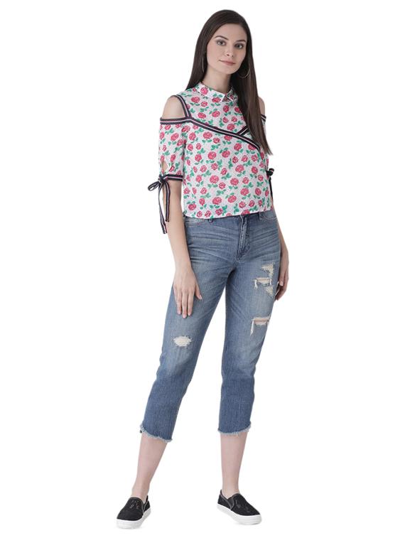cold shoulder floral side tapping top - 16649469 - Zoom Image - 1