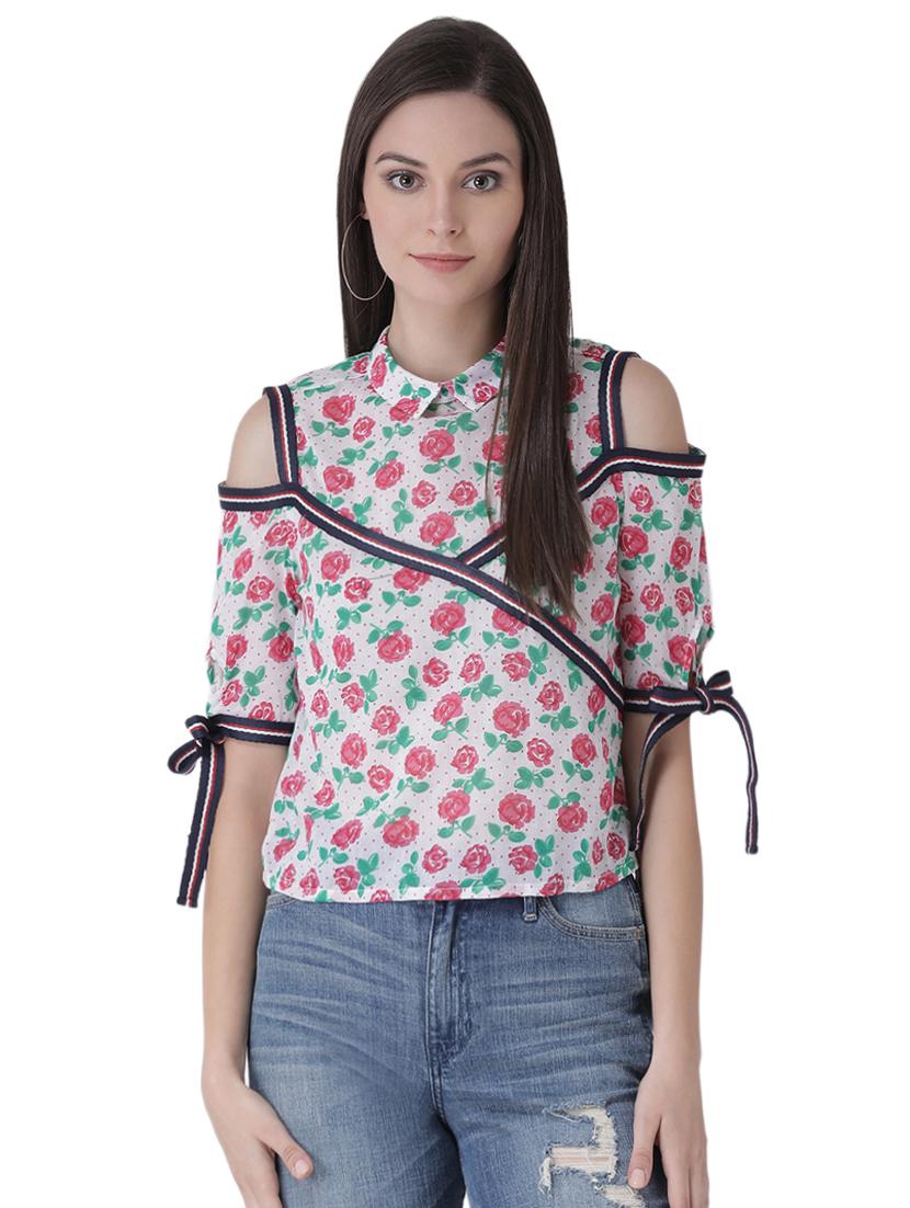 cold shoulder floral side tapping top - 16649469 - Zoom Image - 2