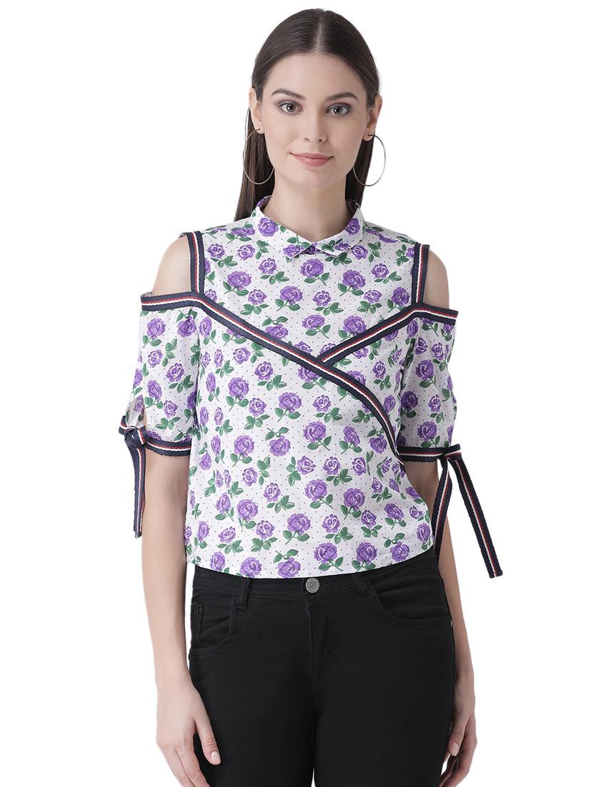 cold shoulder floral side tapping top - 16649470 - Zoom Image - 2