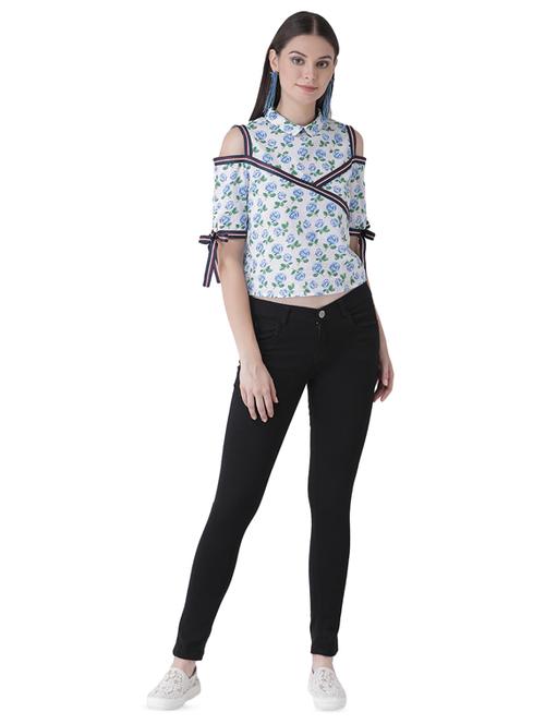 cold shoulder floral side tapping top - 16649471 - Standard Image - 1