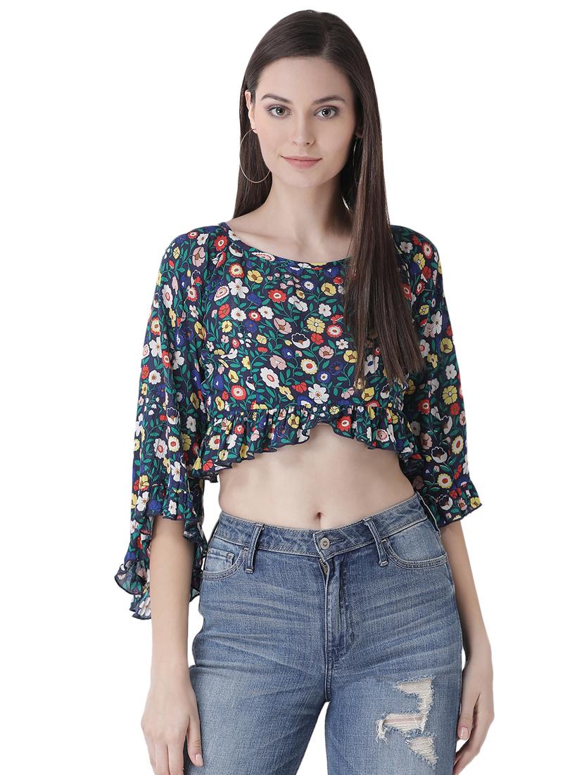 tie up back floral gathered crop top - 16649472 - Zoom Image - 2