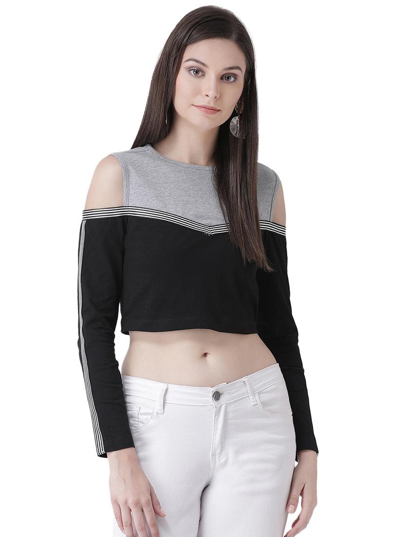 cold shoulder color block crop top - 16649476 - Zoom Image - 2