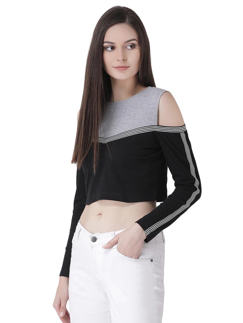 cold shoulder color block crop top - 16649476 - Zoom Image - 3