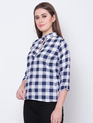 mandarin neck checkered top - 16649556 - Standard Image - 3