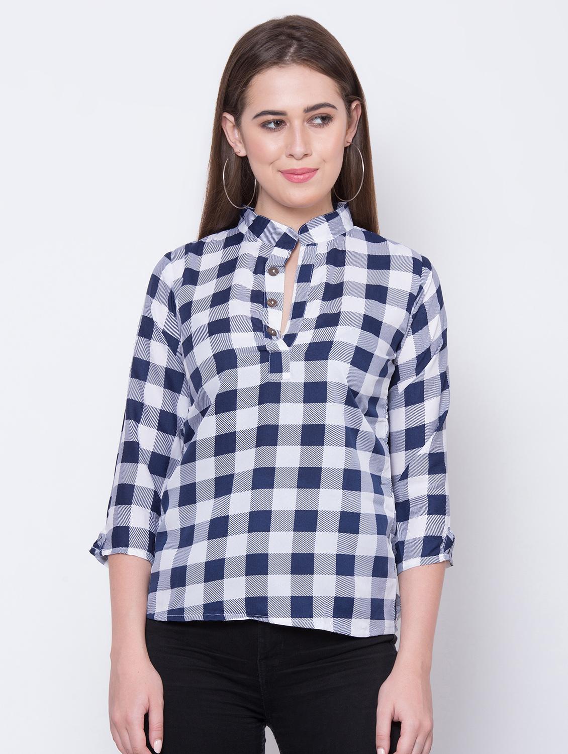 mandarin neck checkered top - 16649556 - Zoom Image - 2