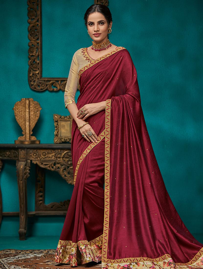 burgundy silk blend embroidered saree with blouse - 16649647 - Zoom Image - 1