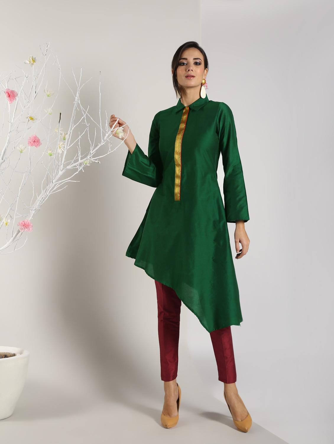 bottle green silk asymmetric kurta - 16651270 - Zoom Image - 1