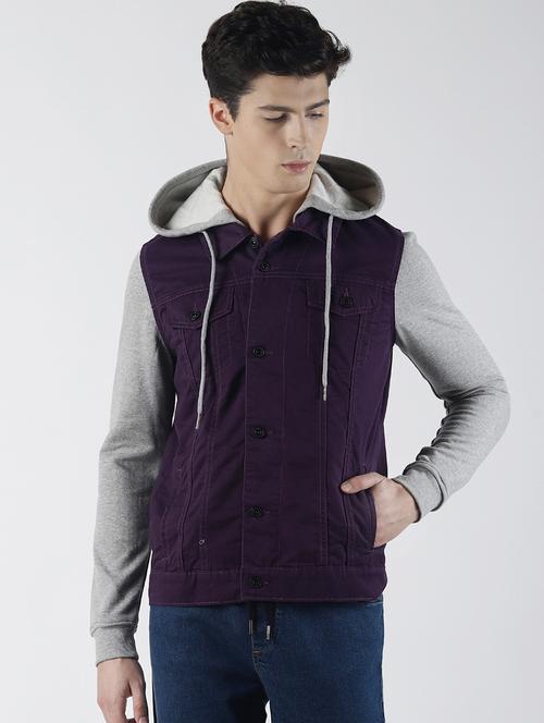 purple color block denim jacket - 16653079 - Standard Image - 1