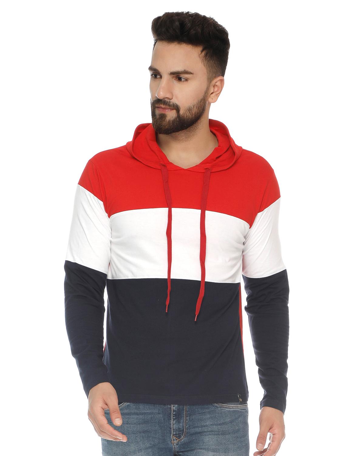 red color block cut & sew hooded t-shirt - 16655782 - Zoom Image - 1