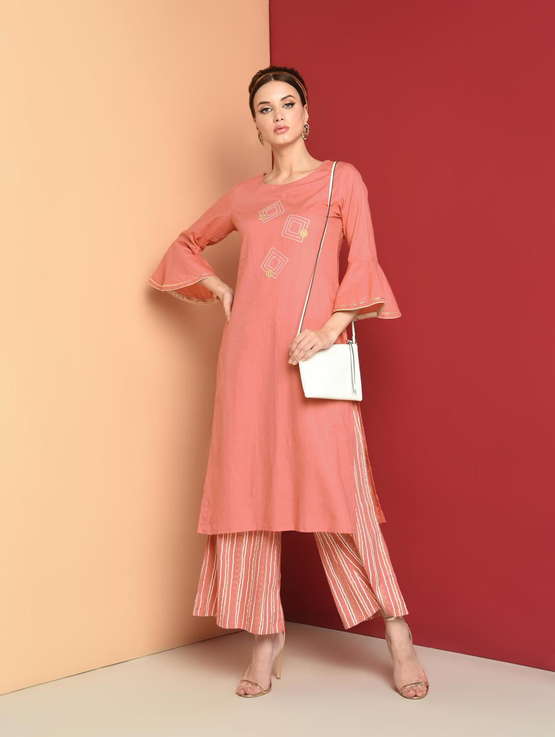 embroidered kurta with stripes palazzo set - 16657902 - Zoom Image - 1